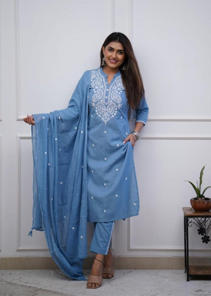 Elegant cotton kurta set with intricate embroidery, designed for all-day comfort and effortless grace.
