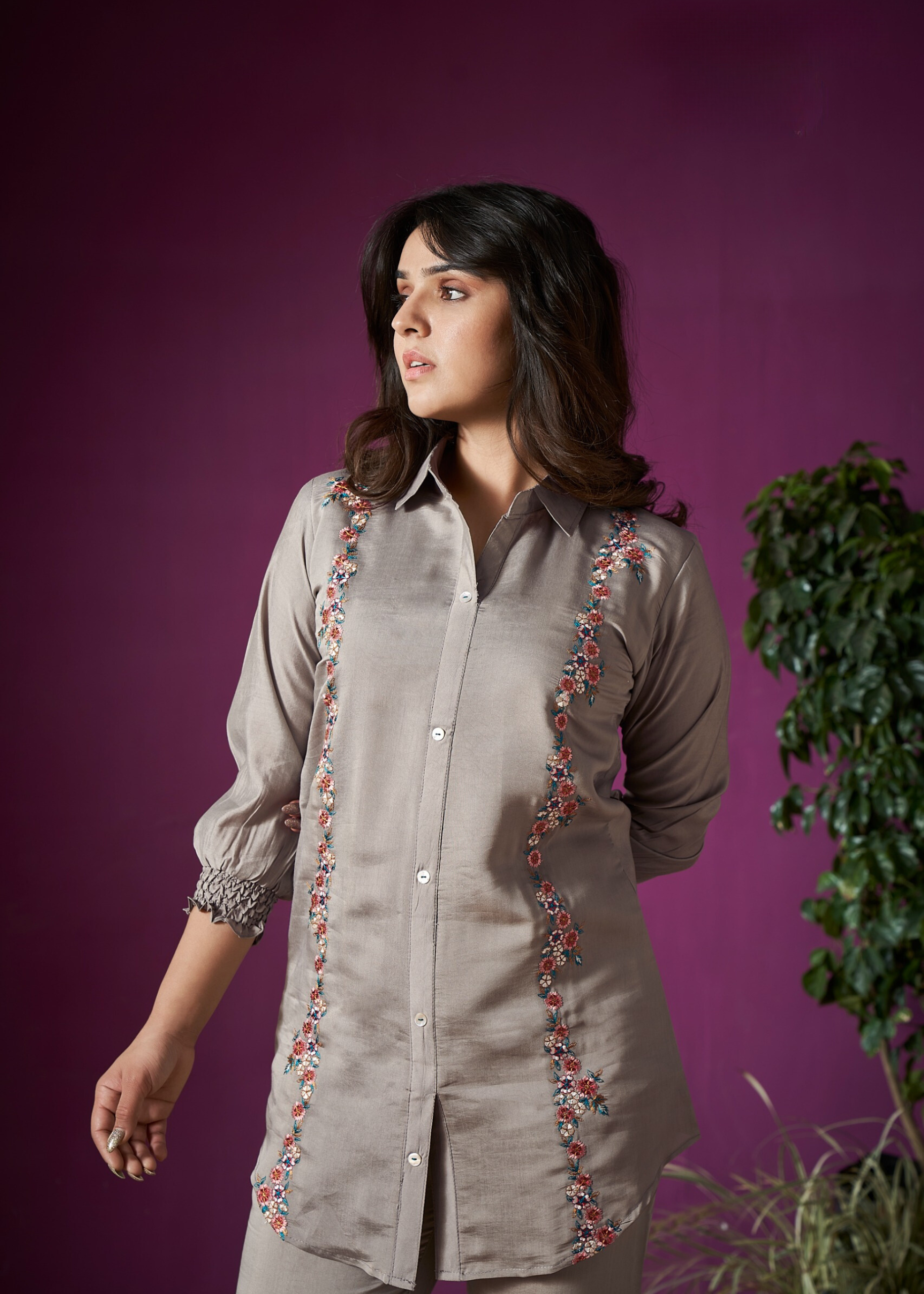 Chic grey co-ord set featuring intricate embroidery, perfect for casual and festive occasions.