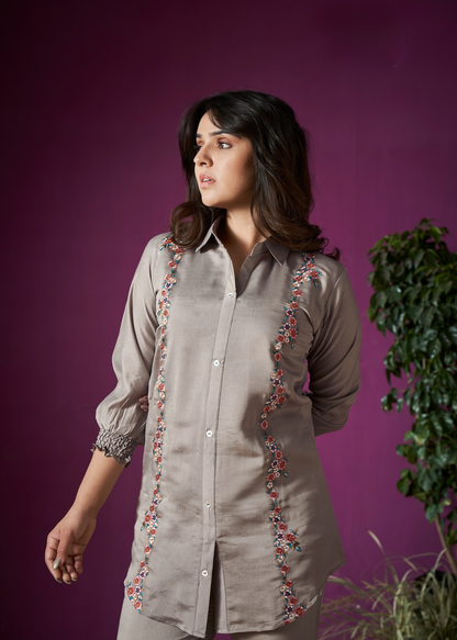 Chic grey co-ord set featuring intricate embroidery, perfect for casual and festive occasions.