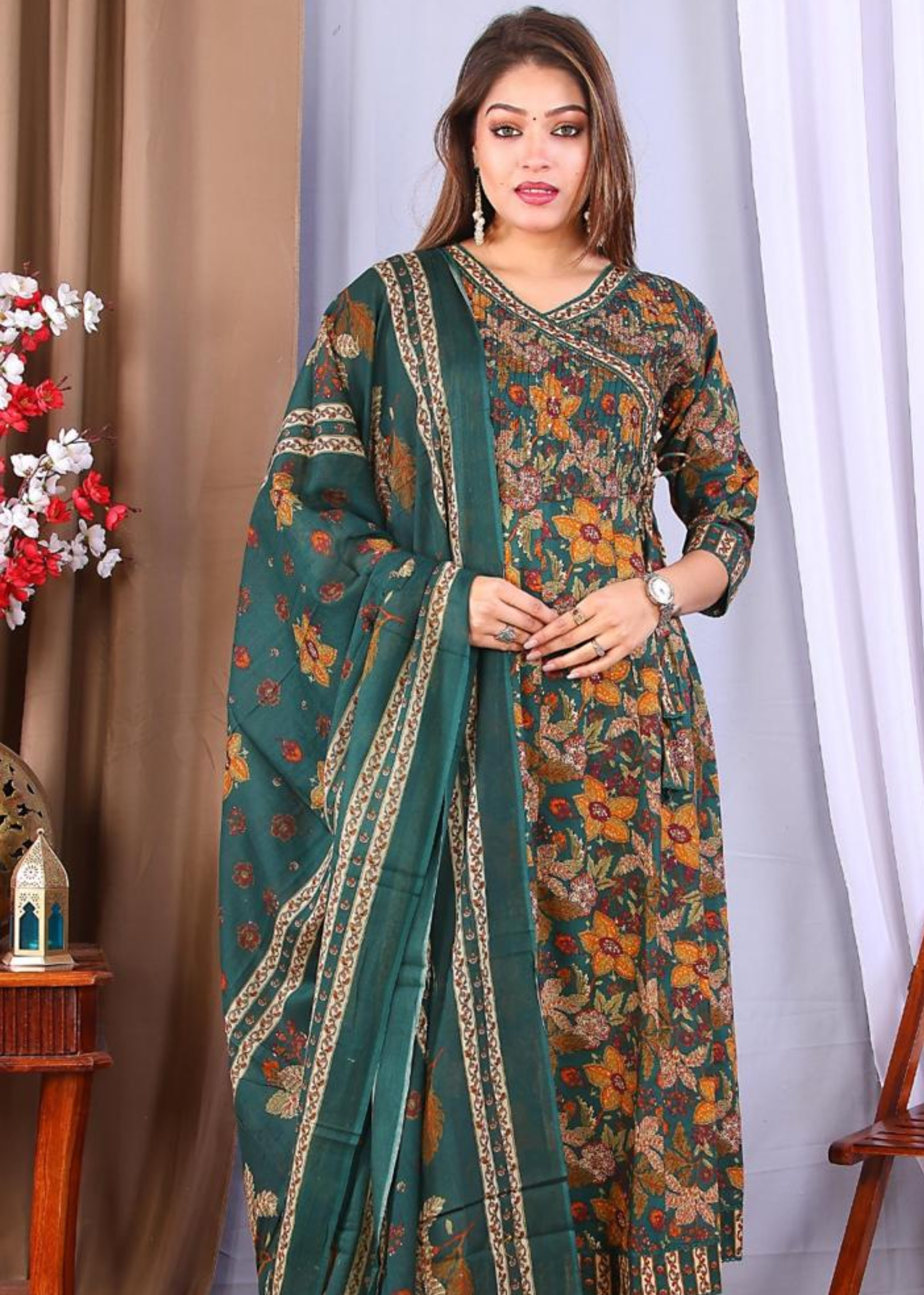 A stylish and comfortable cotton frock suit set featuring delicate floral prints, perfect for any occasion.







