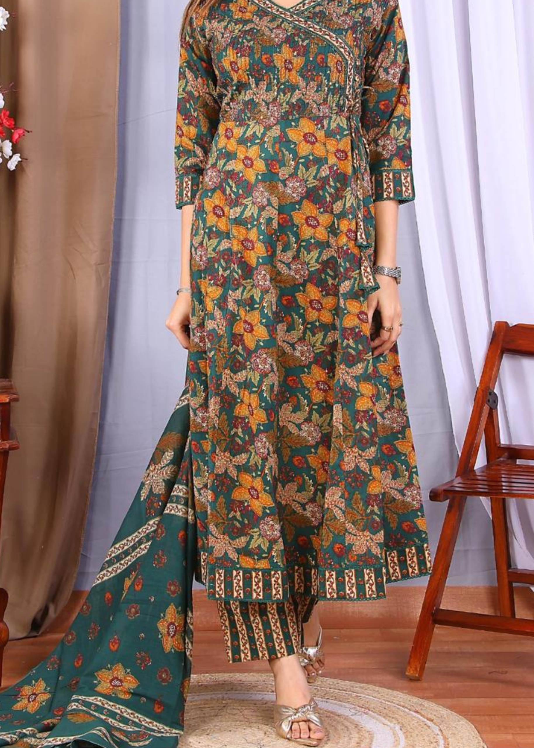 Stylish and versatile floral printed cotton frock suit set, ideal for casual and festive occasions.
