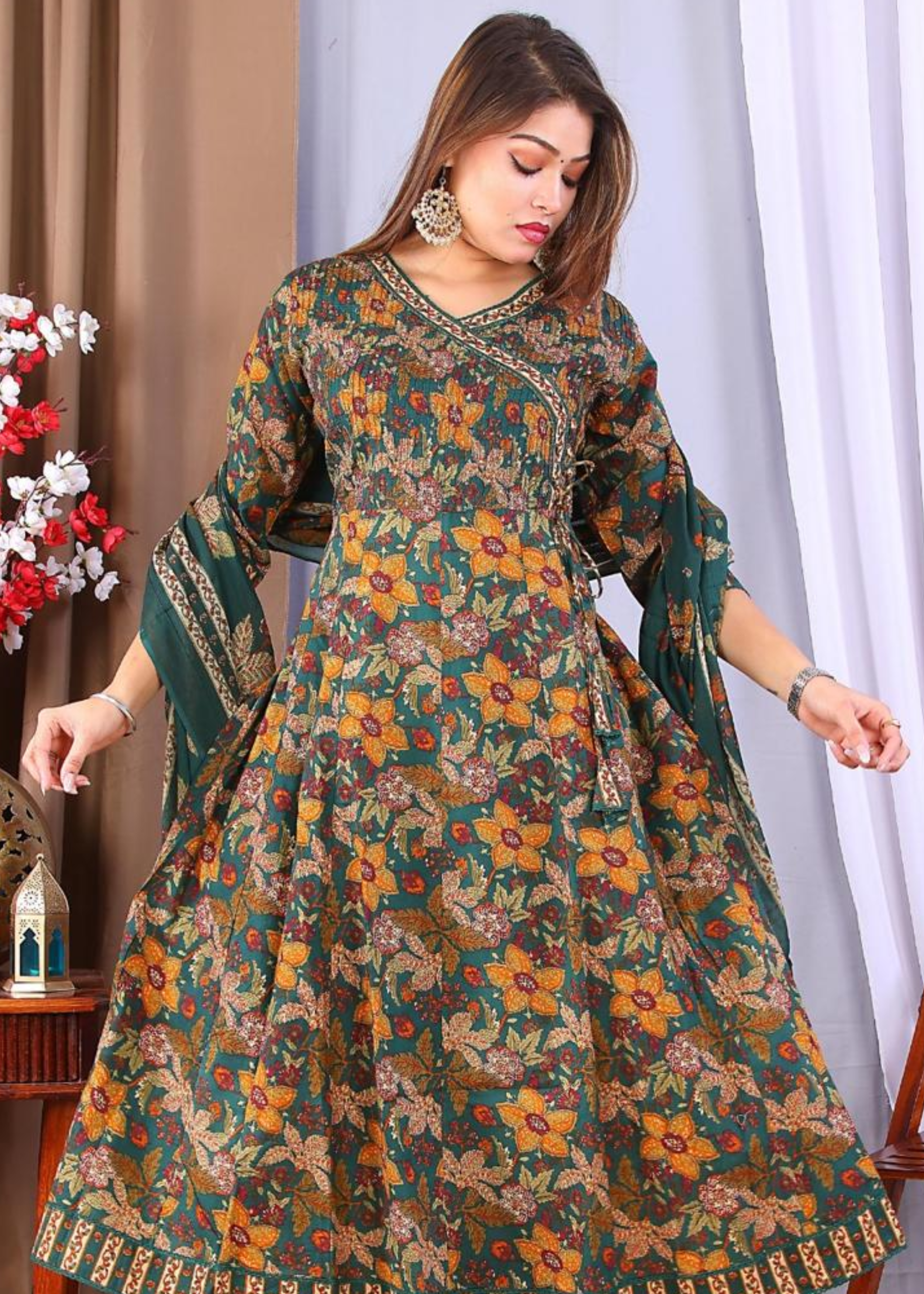 Stylish and versatile floral printed cotton frock suit set, ideal for casual and festive occasions.
