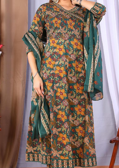 Elegant cotton frock suit set with floral prints, offering a perfect blend of comfort and style.
