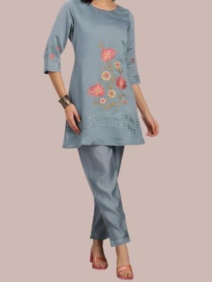 Trendy grey co-ord set with exquisite embroidery, offering a modern and elegant fashion statement.