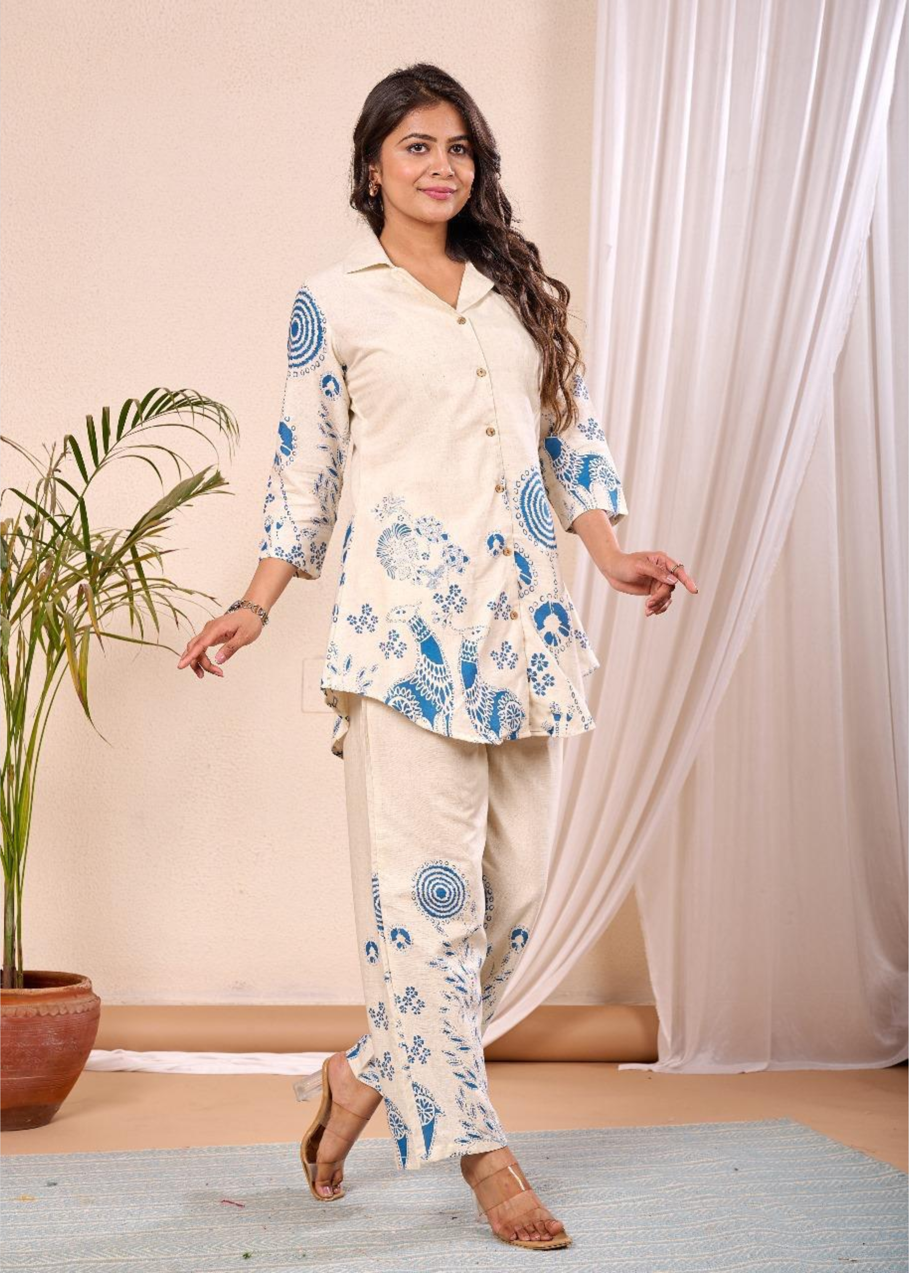blue printed khadi co-ord set for women