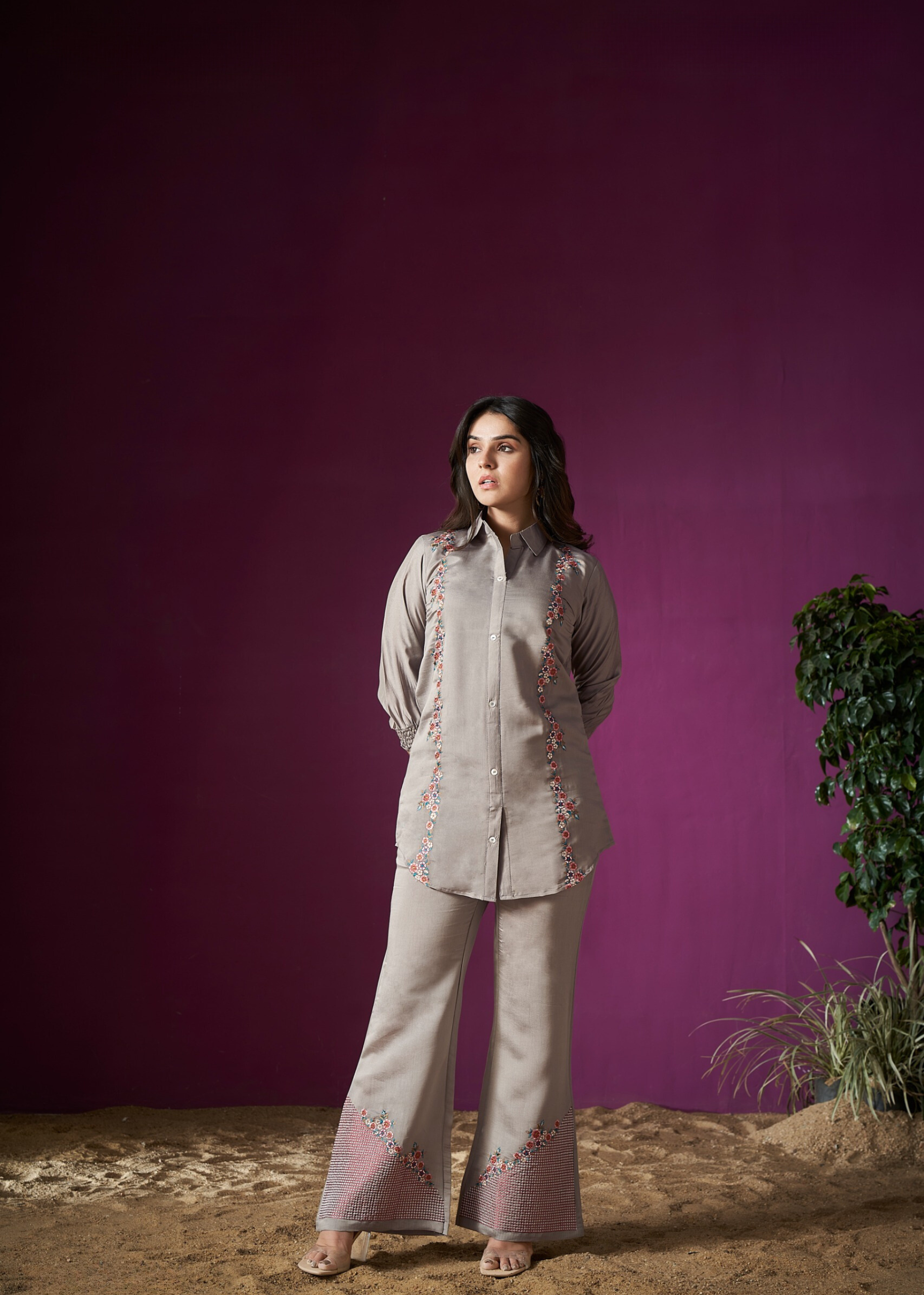 Stylish and versatile grey embroidered co-ord set, perfect for a fashionable yet comfortable look.