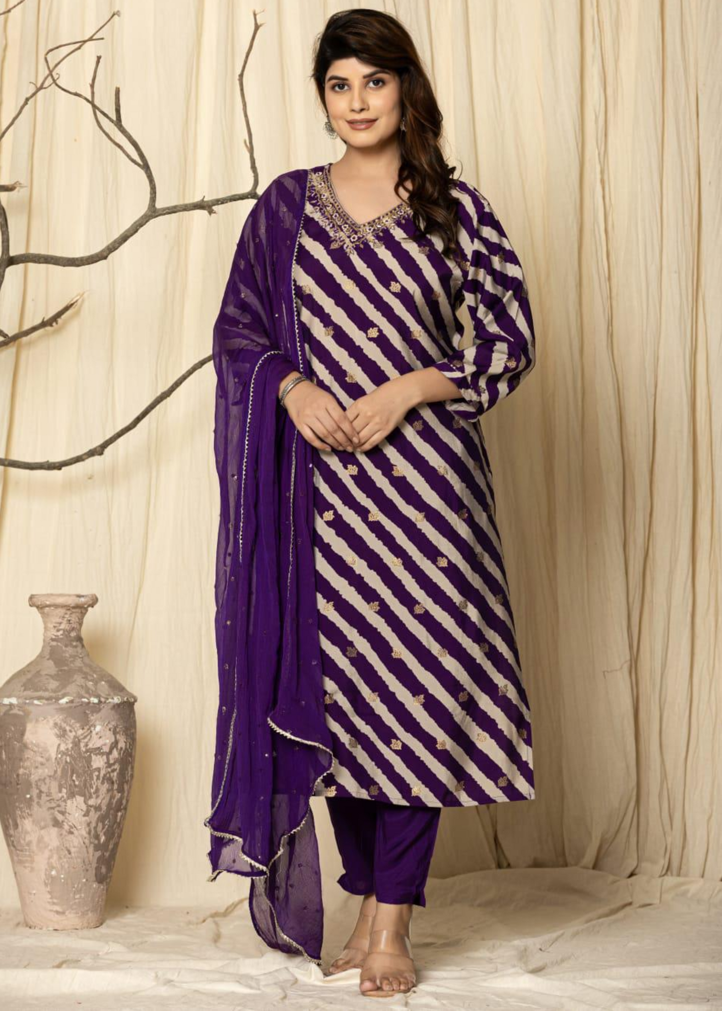 leheriya ourple straight fit kurta with pant 