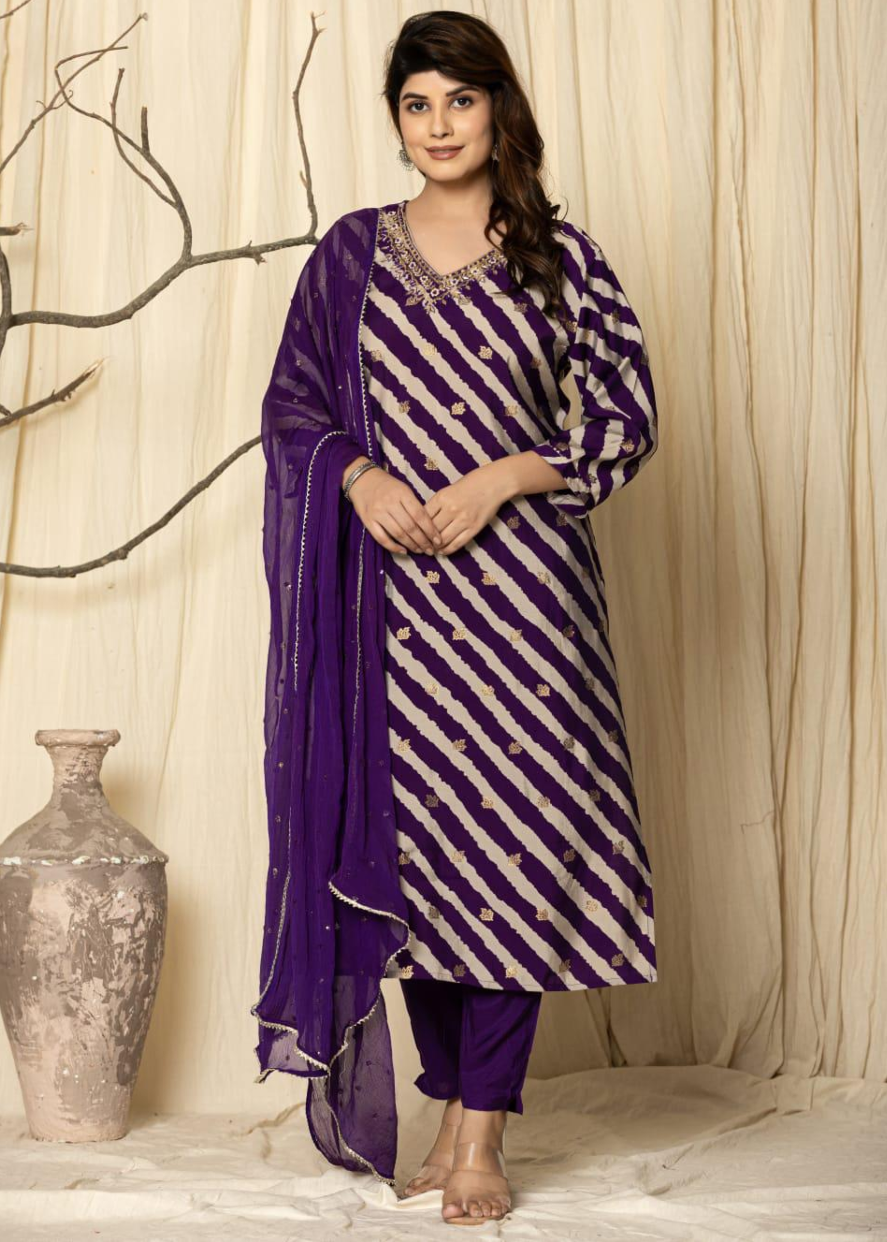 leheriya ourple straight fit kurta with pant 