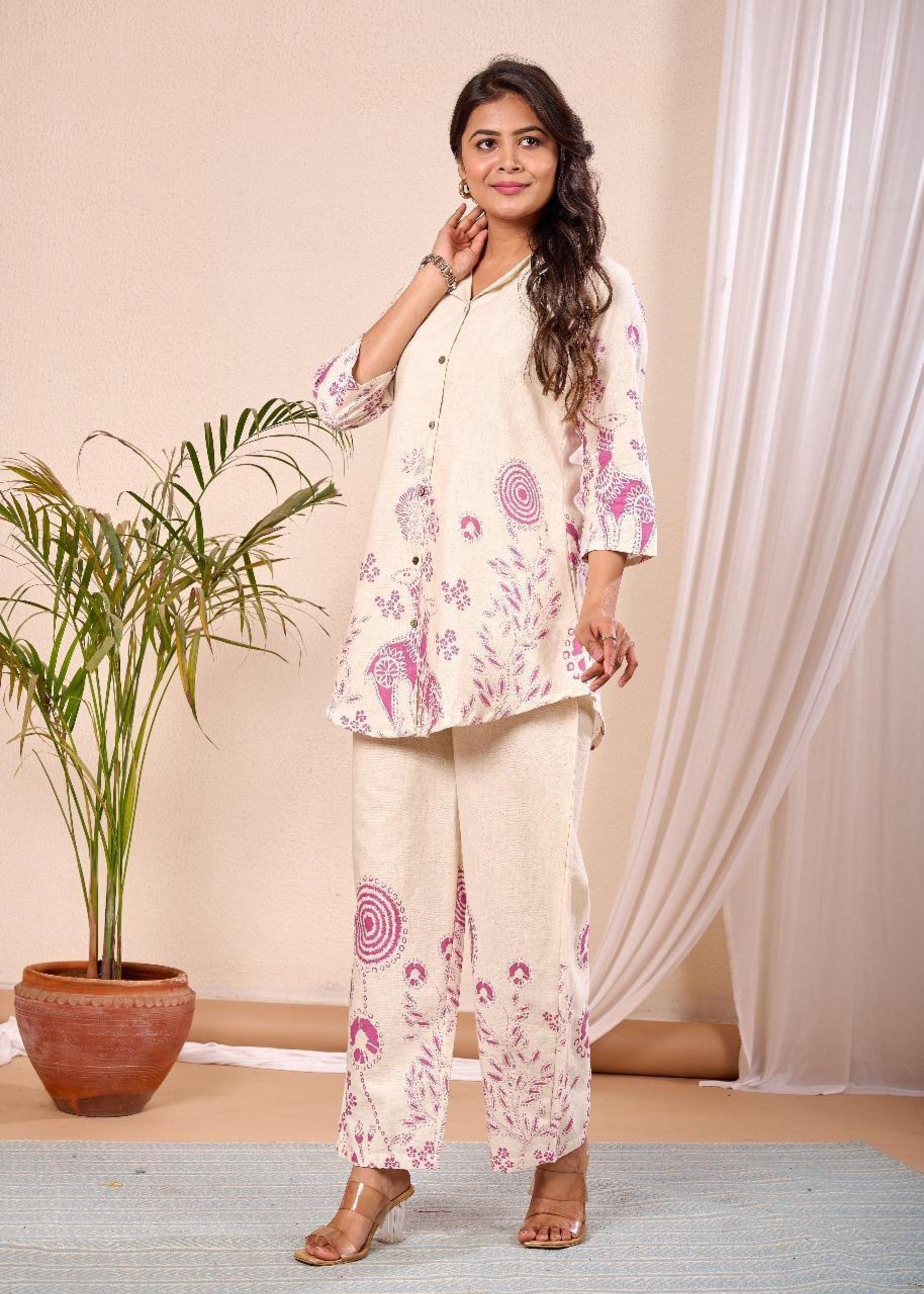 pink printed khadi co-ord set