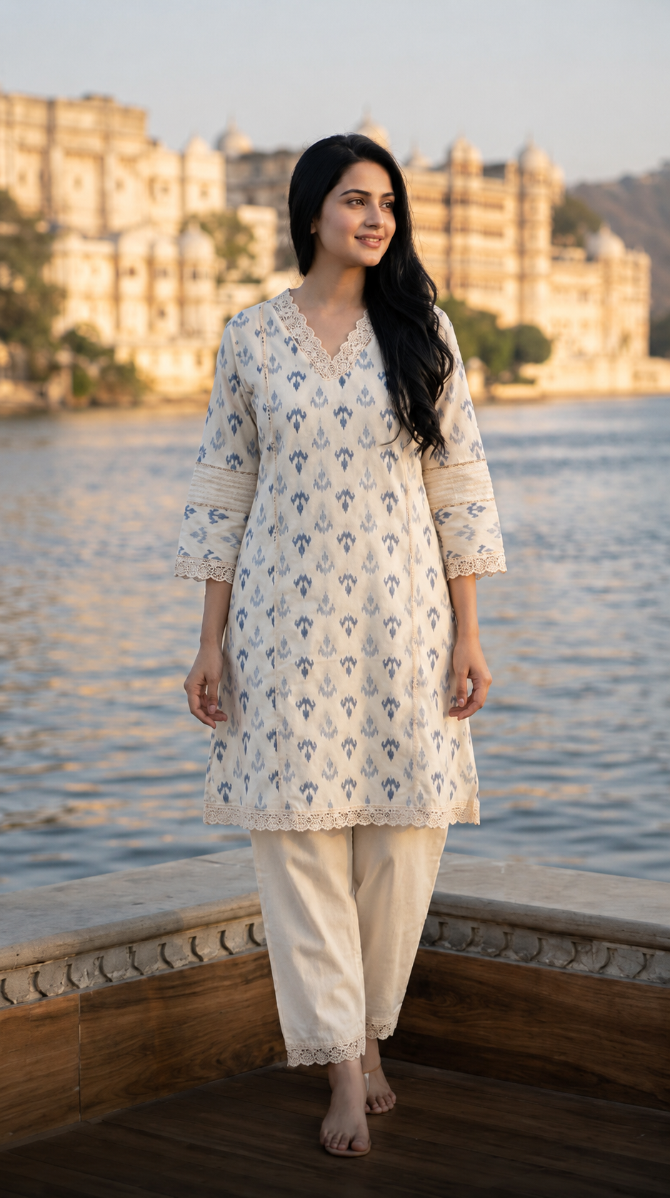 Premium Cotton Ikat Print Cordset with Lace Neckline