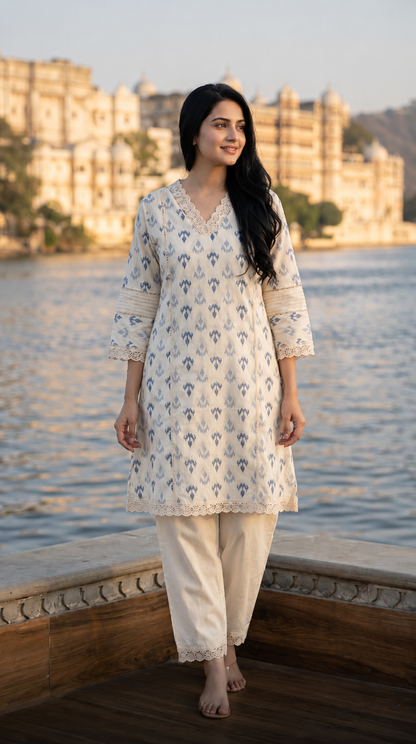Premium Cotton Ikat Print Cordset with Lace Neckline