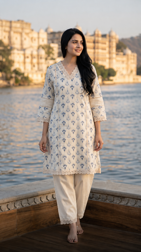 Premium Cotton Ikat Print Cordset with Lace Neckline