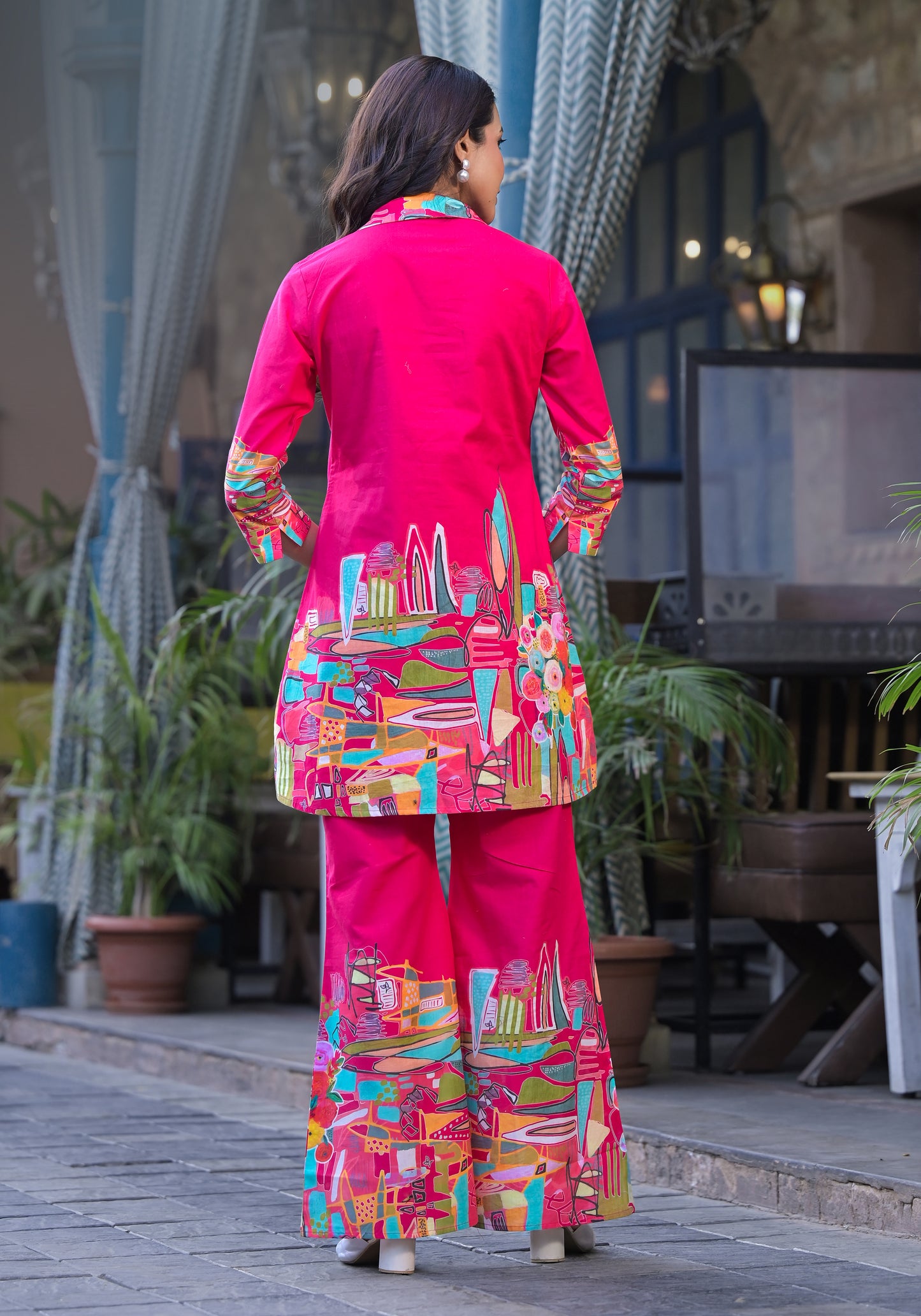 Sophisticated pink printed co-ord set, offering a perfect mix of comfort and contemporary fashion.