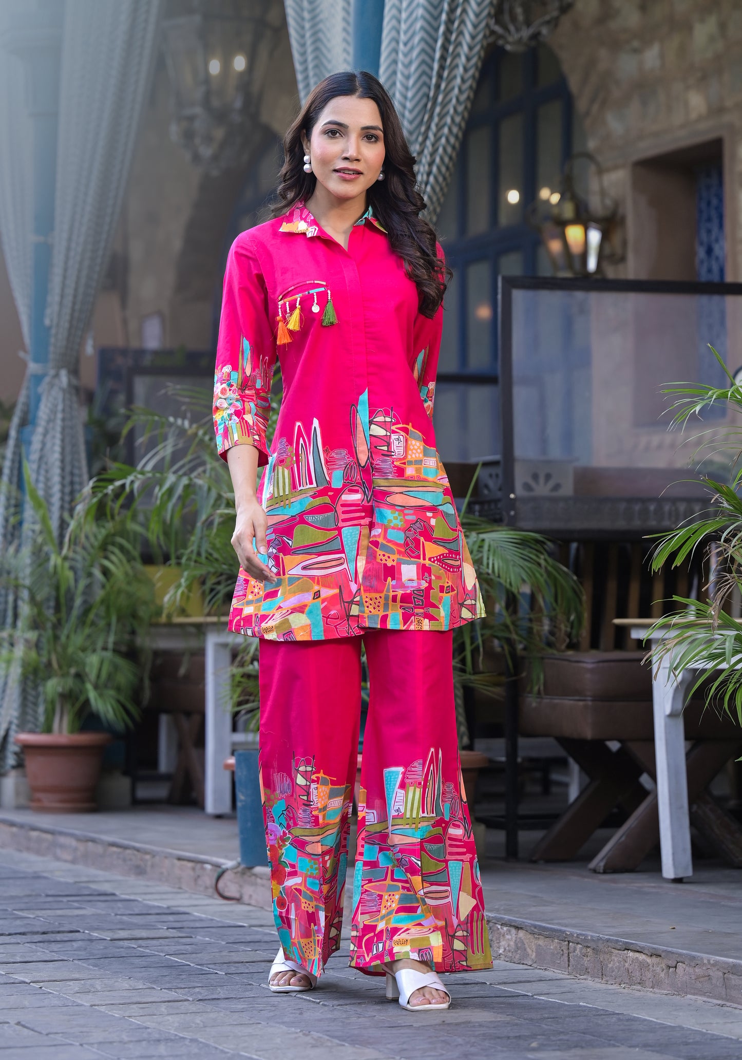 Lightweight and breathable pink co-ord set with trendy prints, perfect for any occasion.