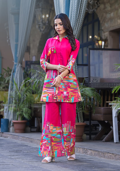Stylish pink printed co-ord set designed for comfort and versatility in everyday fashion.