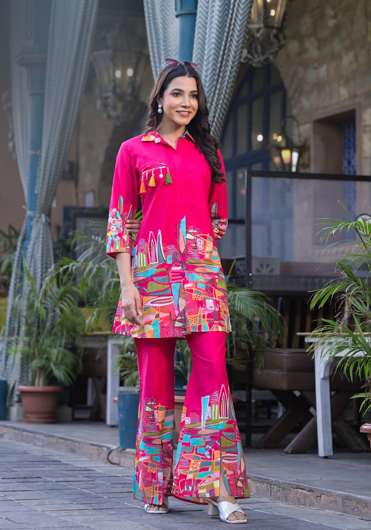 Graceful pink co-ord set with eye-catching prints, ideal for a relaxed yet stylish outfit.