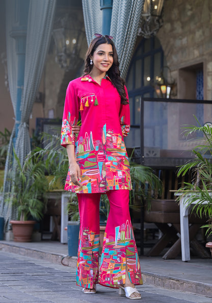 Graceful pink co-ord set with eye-catching prints, ideal for a relaxed yet stylish outfit.