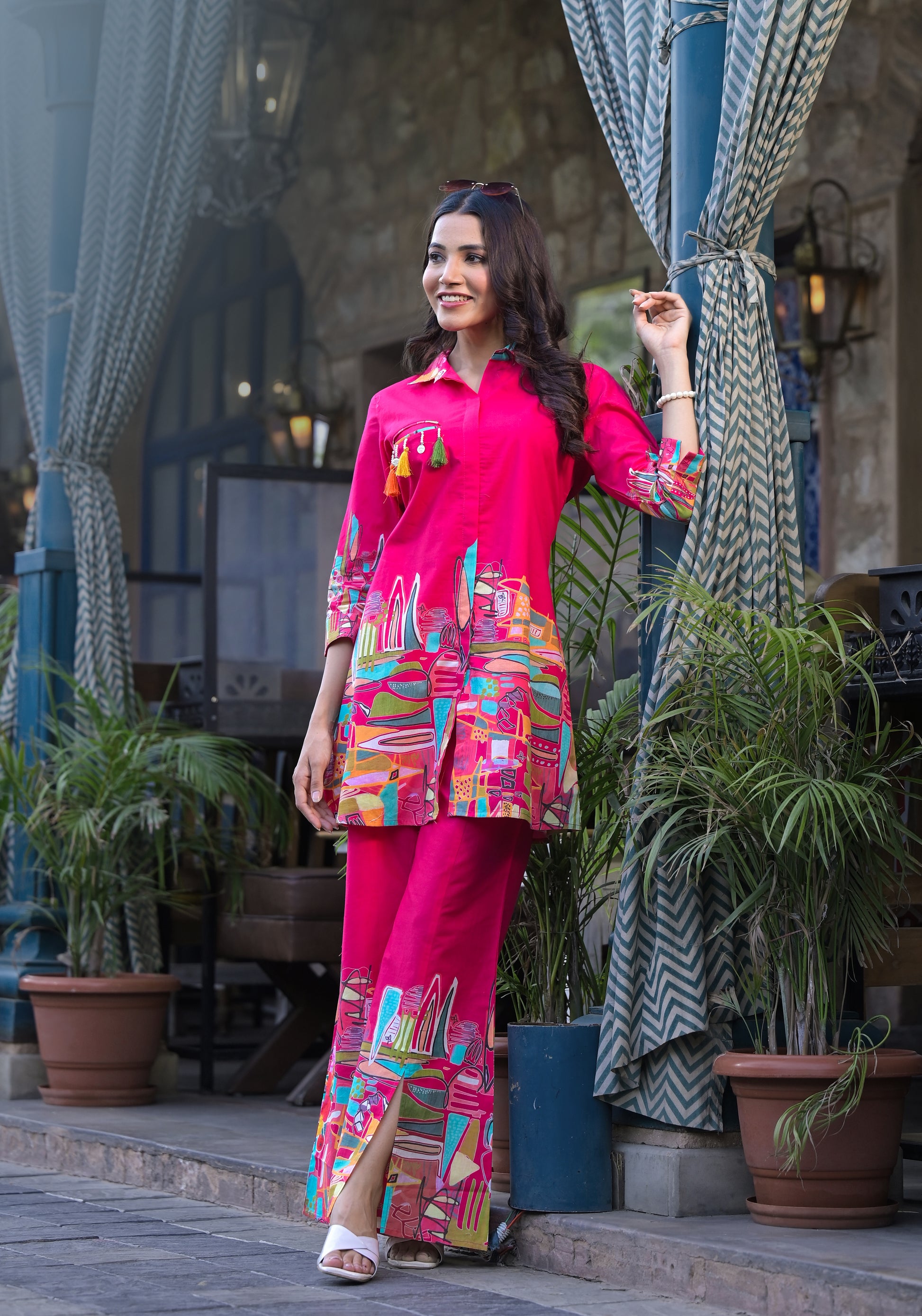 Chic and fashionable pink printed co-ord set, blending modern style with effortless elegance.