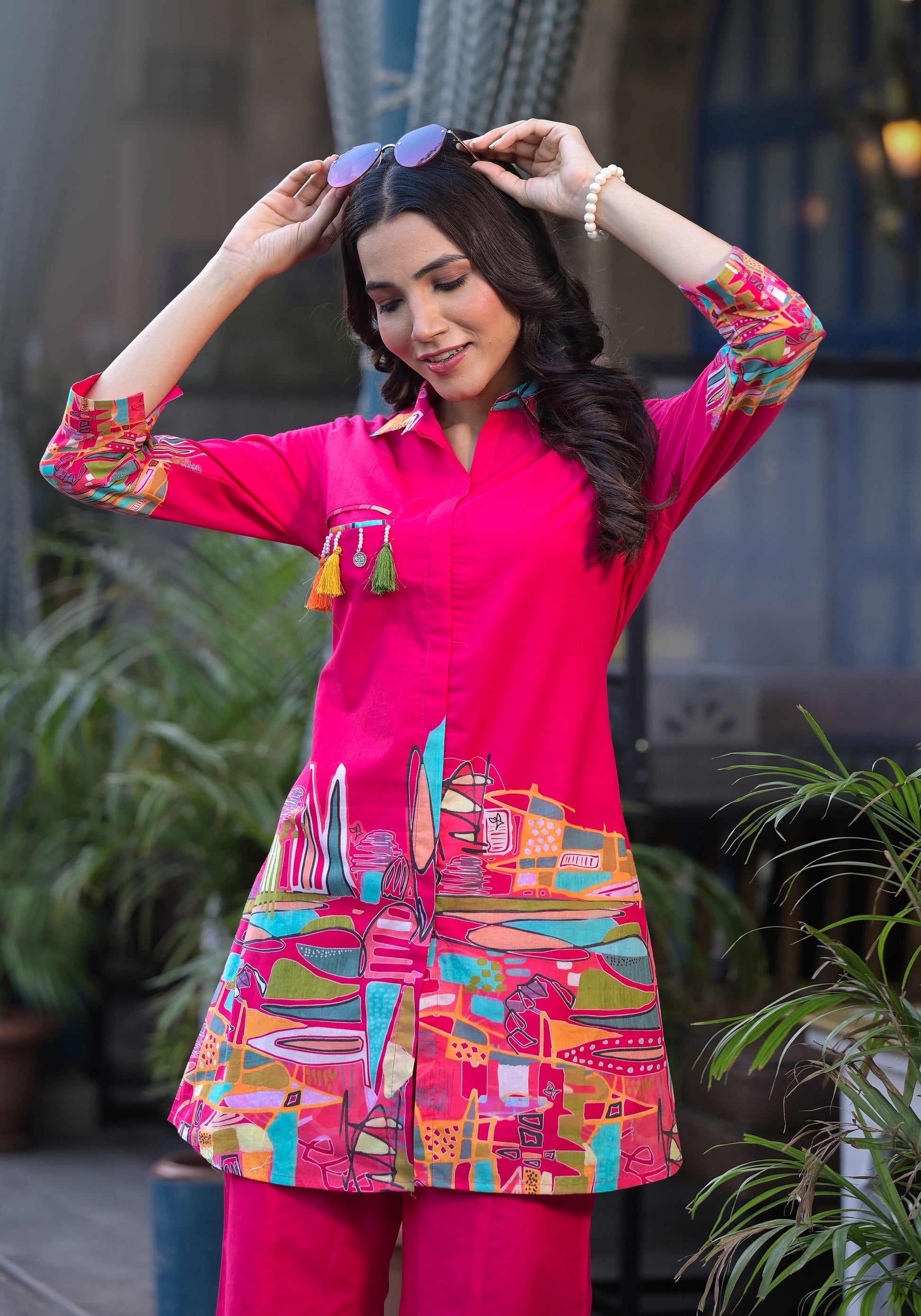 Trendy pink co-ord set with beautiful prints, perfect for casual and semi-formal occasions.