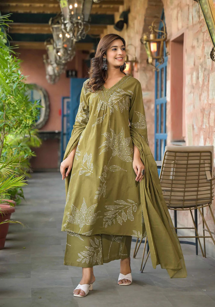 Chic and comfortable mehendi green floral printed A-line kurta set adorned with intricate bead detailing for a sophisticated appeal.