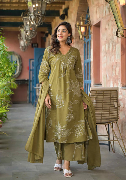 Lightweight and elegant mehendi green A-line kurta set with stunning abstract floral prints and bead embellishments for a graceful finish.
