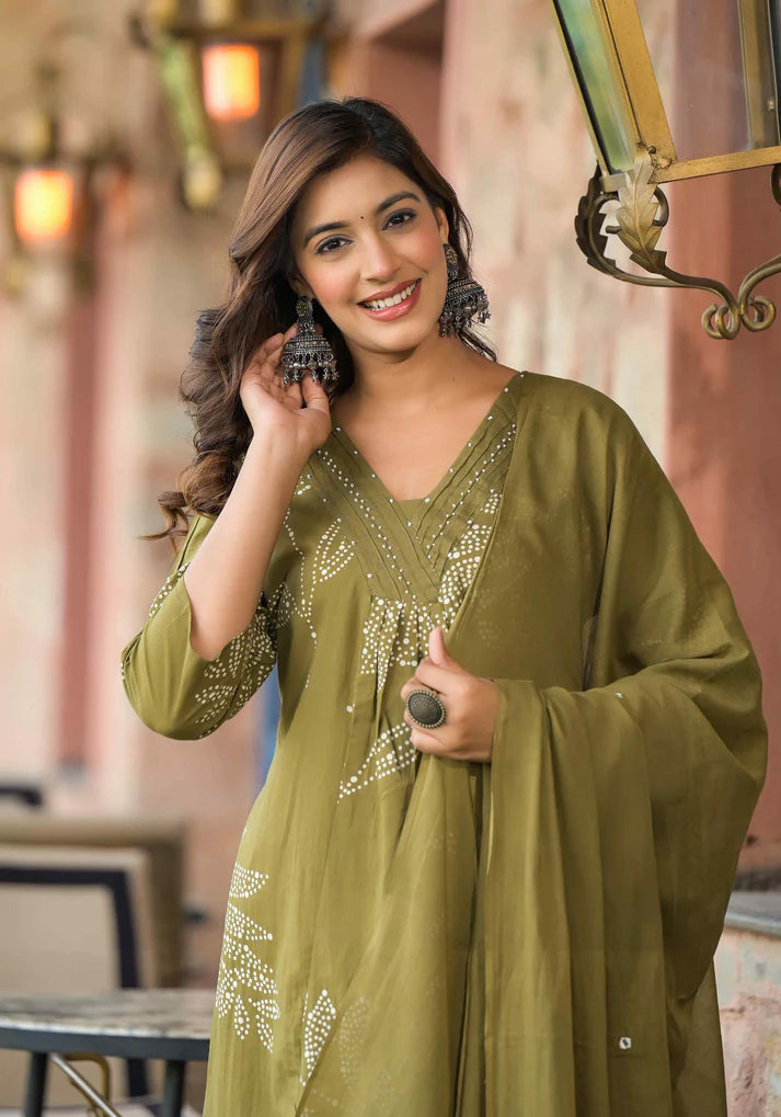 Trendy abstract floral printed mehendi green A-line kurta set with exquisite beadwork, blending tradition with modern style.