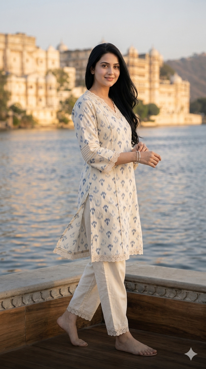 Premium Cotton Ikat Print Cordset with Lace Neckline