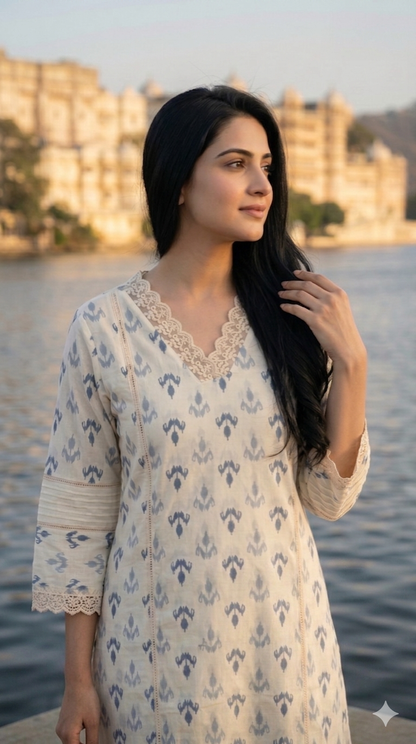 Premium Cotton Ikat Print Cordset with Lace Neckline