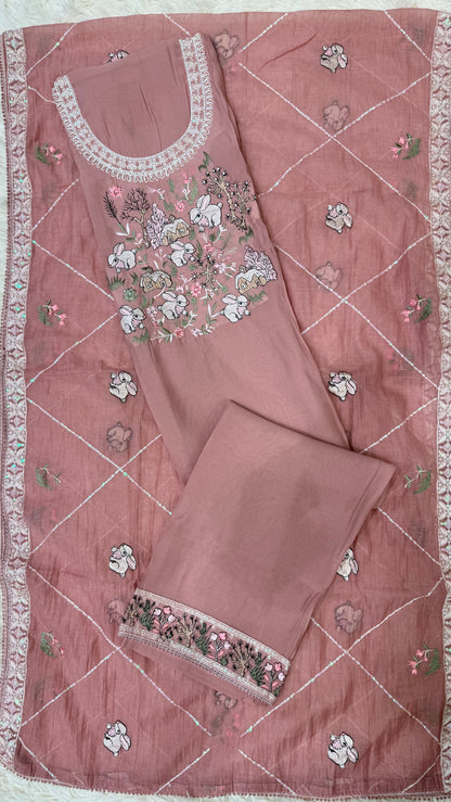Premium Dusty Pink Suit with Whimsical Woodland Embroidery