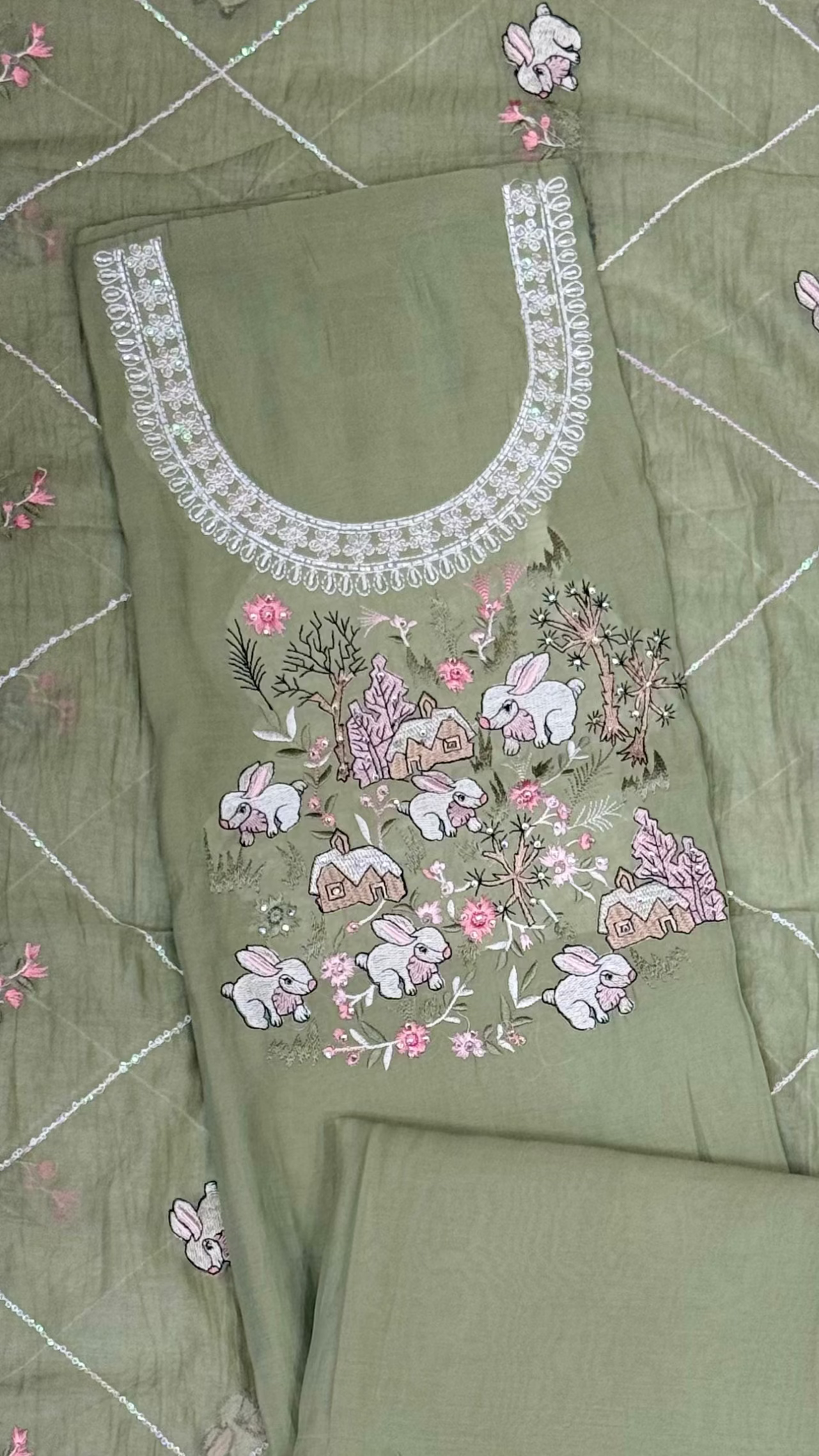 Premium Saga Green Suit with Whimsical Woodland Embroidery