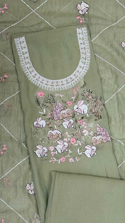 Premium Saga Green Suit with Whimsical Woodland Embroidery
