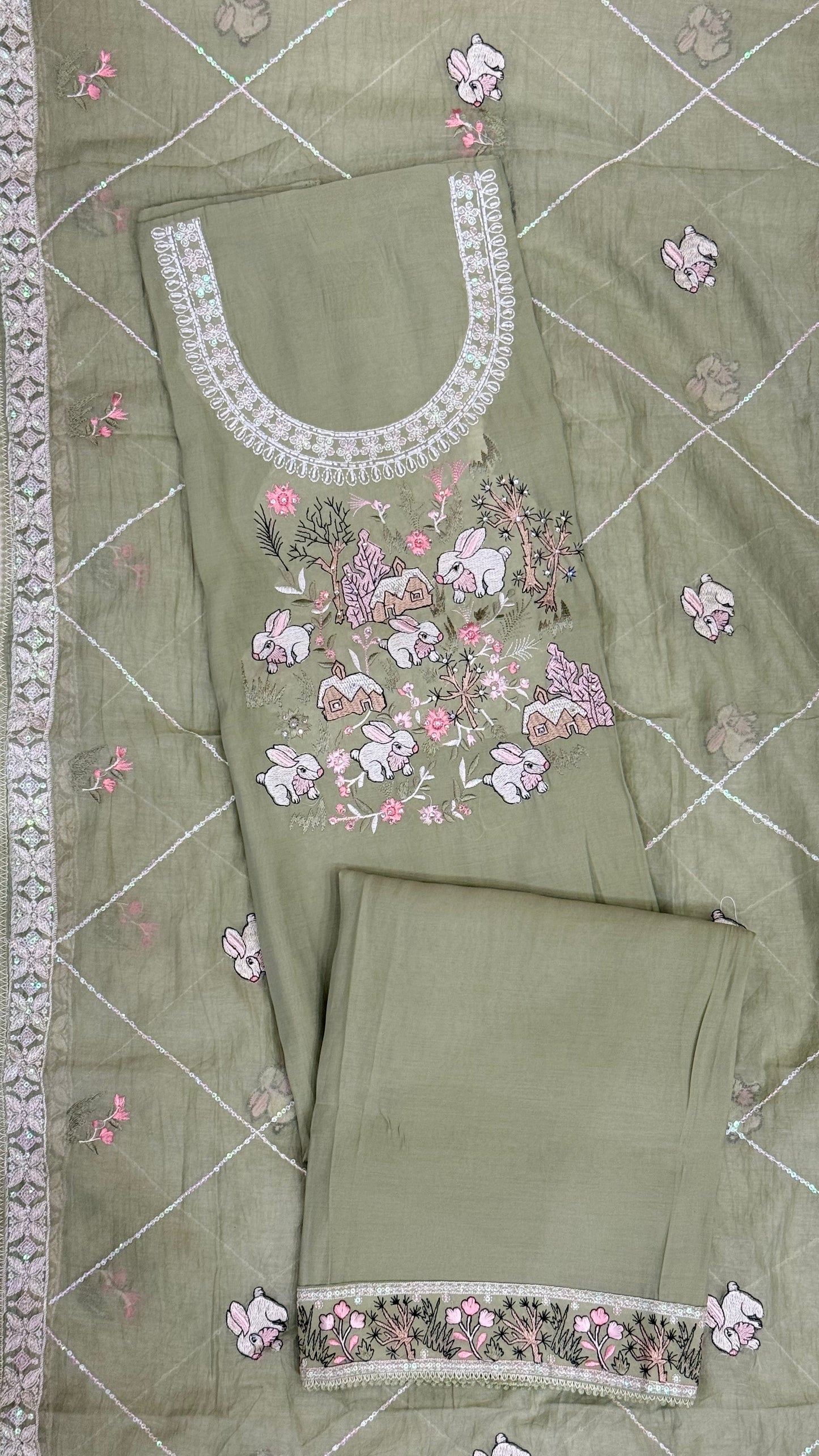 Premium Saga Green Suit with Whimsical Woodland Embroidery