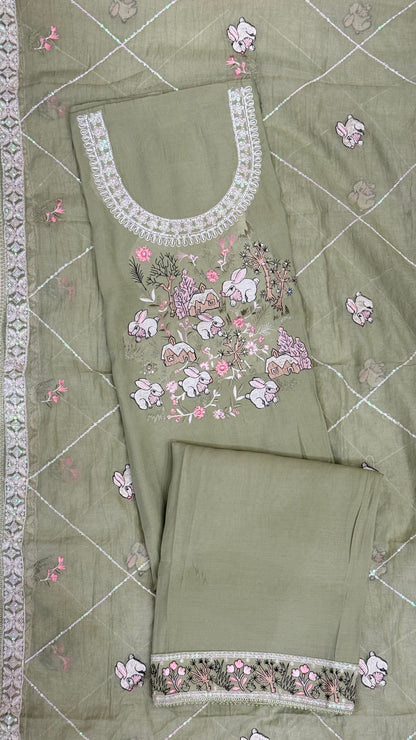Premium Saga Green Suit with Whimsical Woodland Embroidery