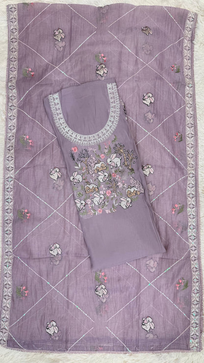 Premium Antique Mauve Suit with Whimsical Woodland Embroidery