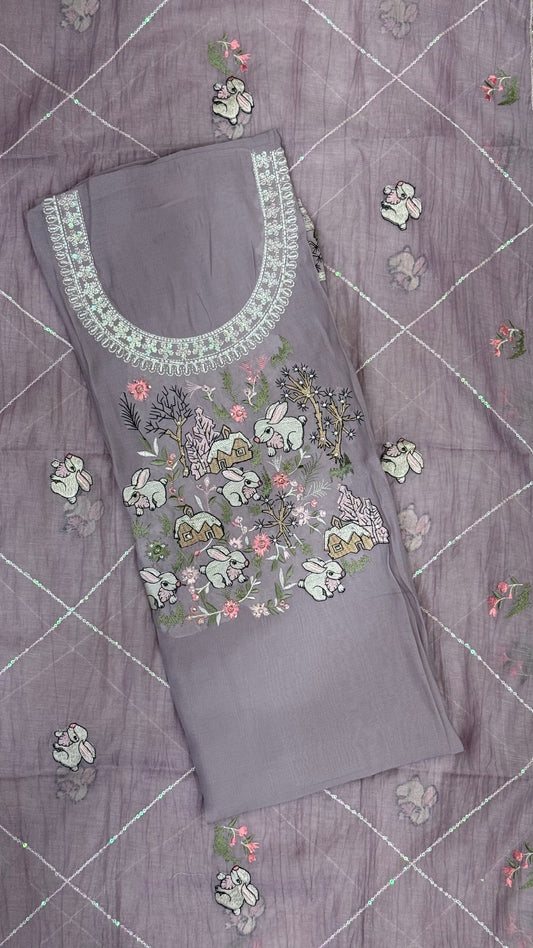 Premium Antique Mauve Suit with Whimsical Woodland Embroidery