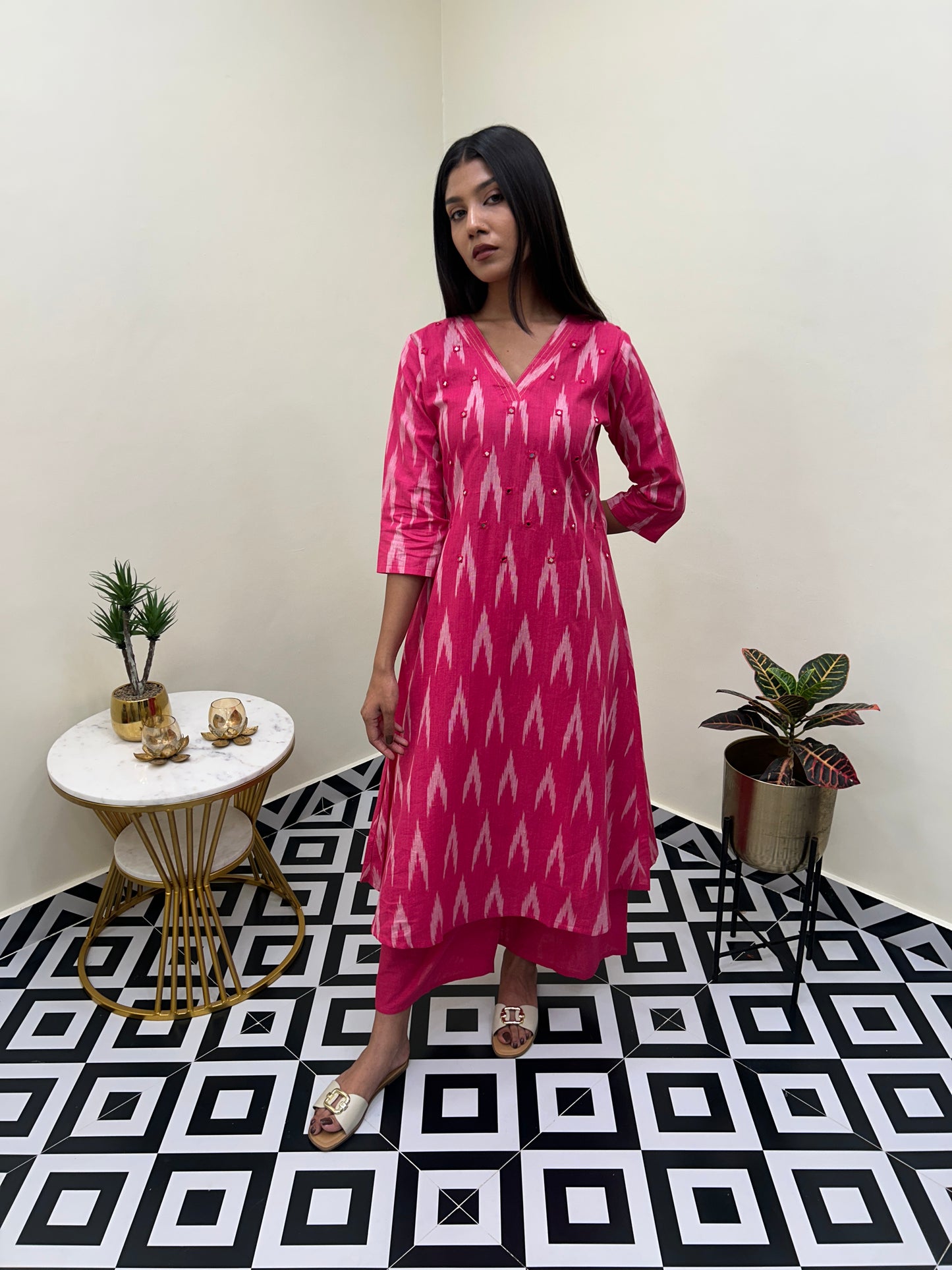 Ikat Mirror Kurti Set - Pink
