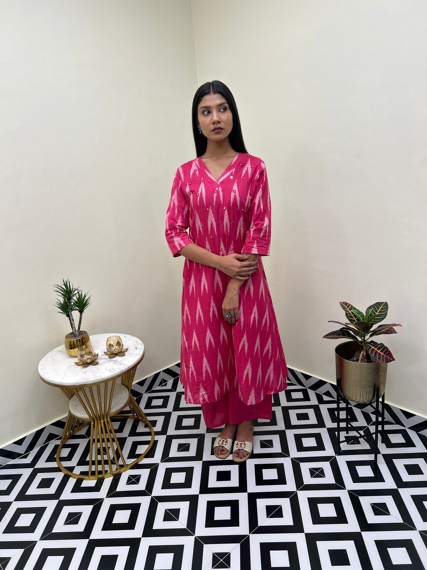 Ikat Mirror Kurti Set - Pink