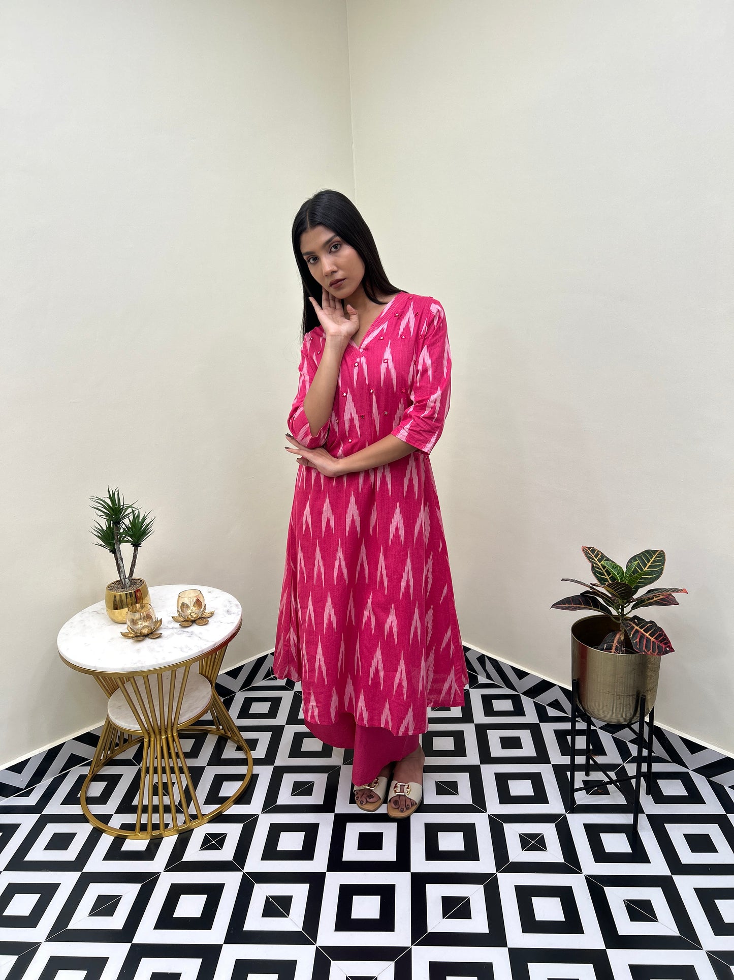 Ikat Mirror Kurti Set - Pink