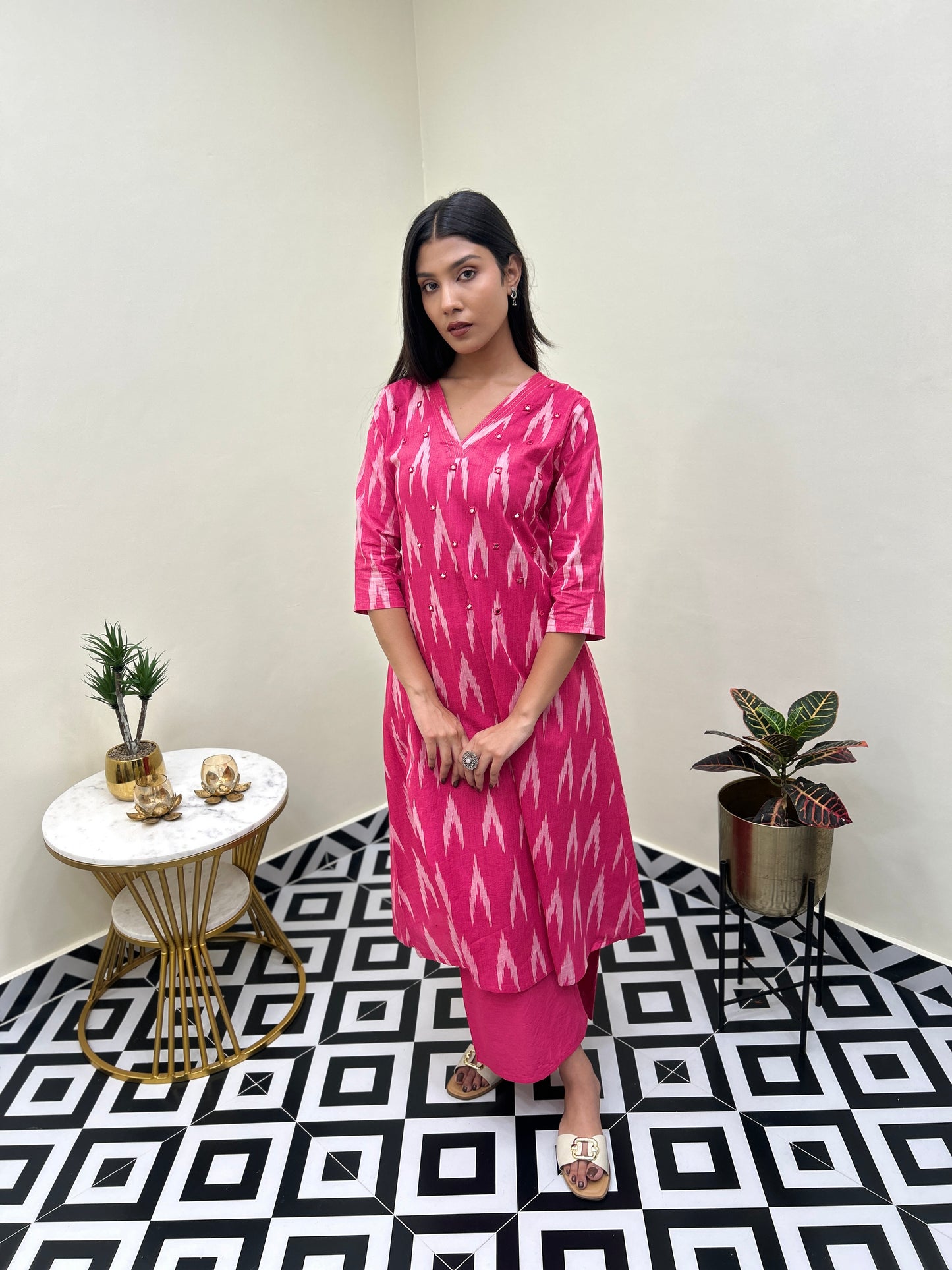 Ikat Mirror Kurti Set - Pink