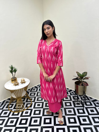 Ikat Mirror Kurti Set - Pink