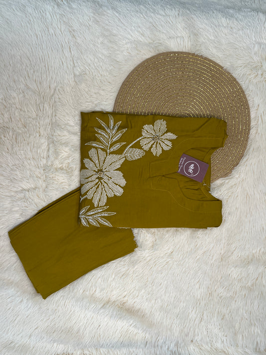 Olive Green Cotton Embroidered Suit Set