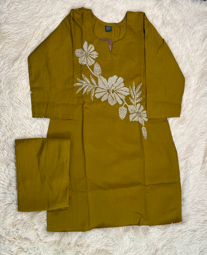 Mustard Cotton Embroidered Suit Set