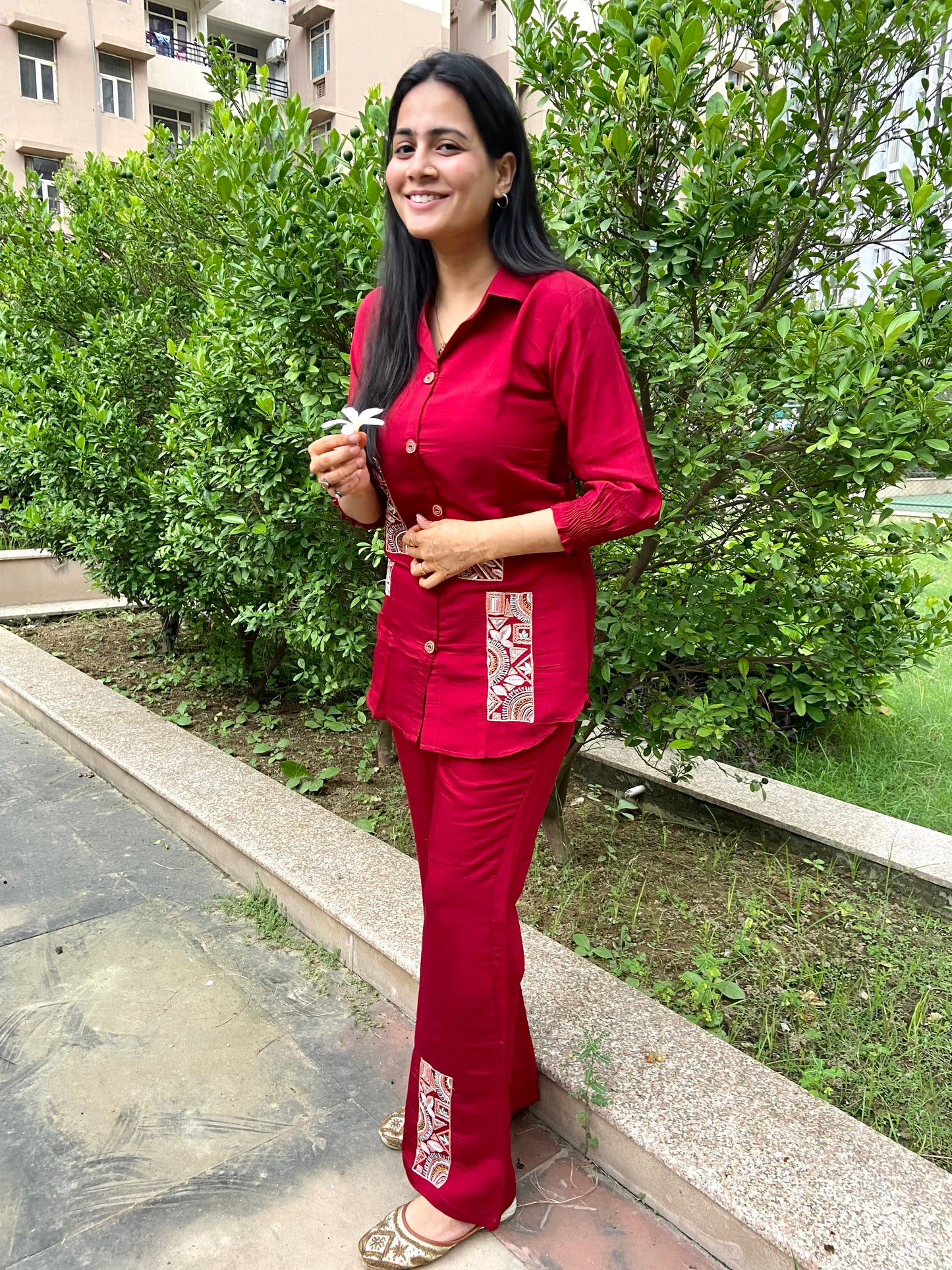 Chic fiery red women's co-ord set designed for a sophisticated and fashionable statement.
