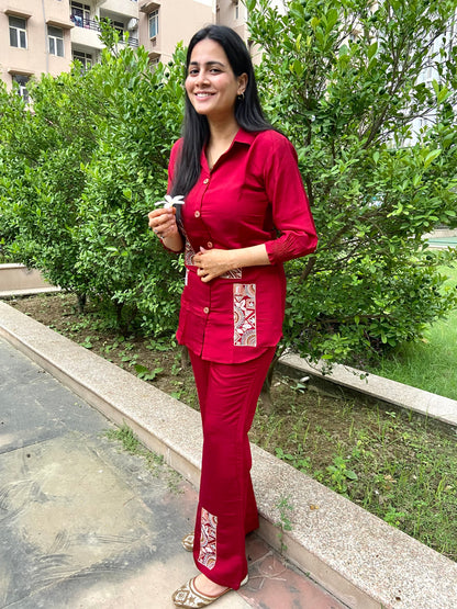 Chic fiery red women's co-ord set designed for a sophisticated and fashionable statement.
