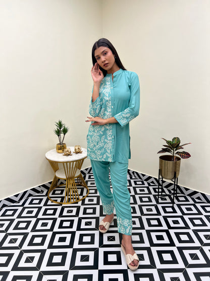 Cyan Blue Embroidered Co-ord Set