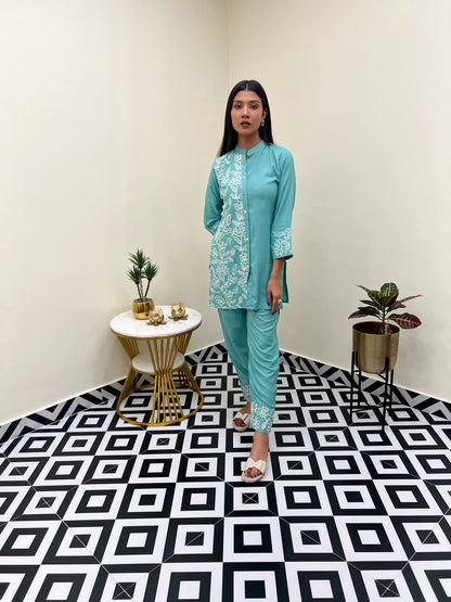 Cyan Blue Embroidered Co-ord Set
