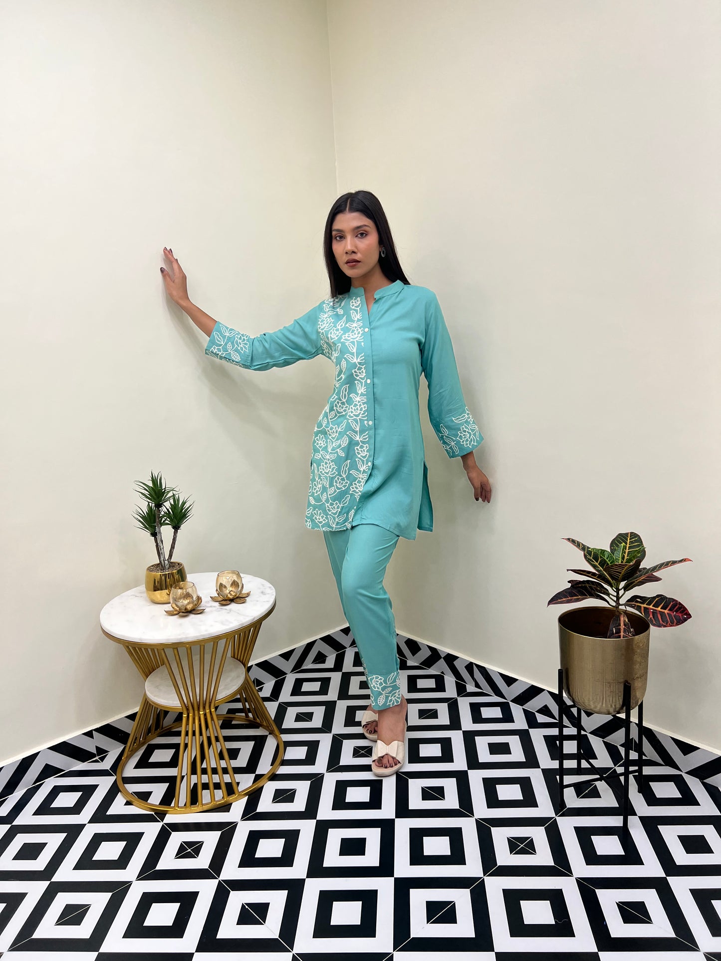 Cyan Blue Embroidered Co-ord Set
