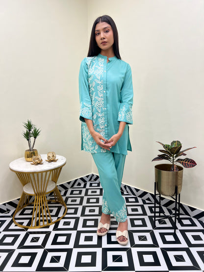 Cyan Blue Embroidered Co-ord Set