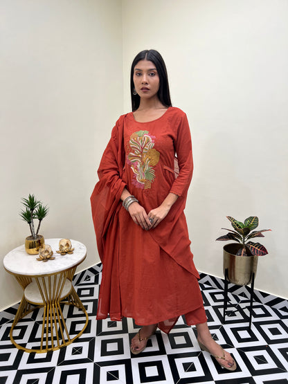 A Line Kurti with Pant and Dupatta- Rust