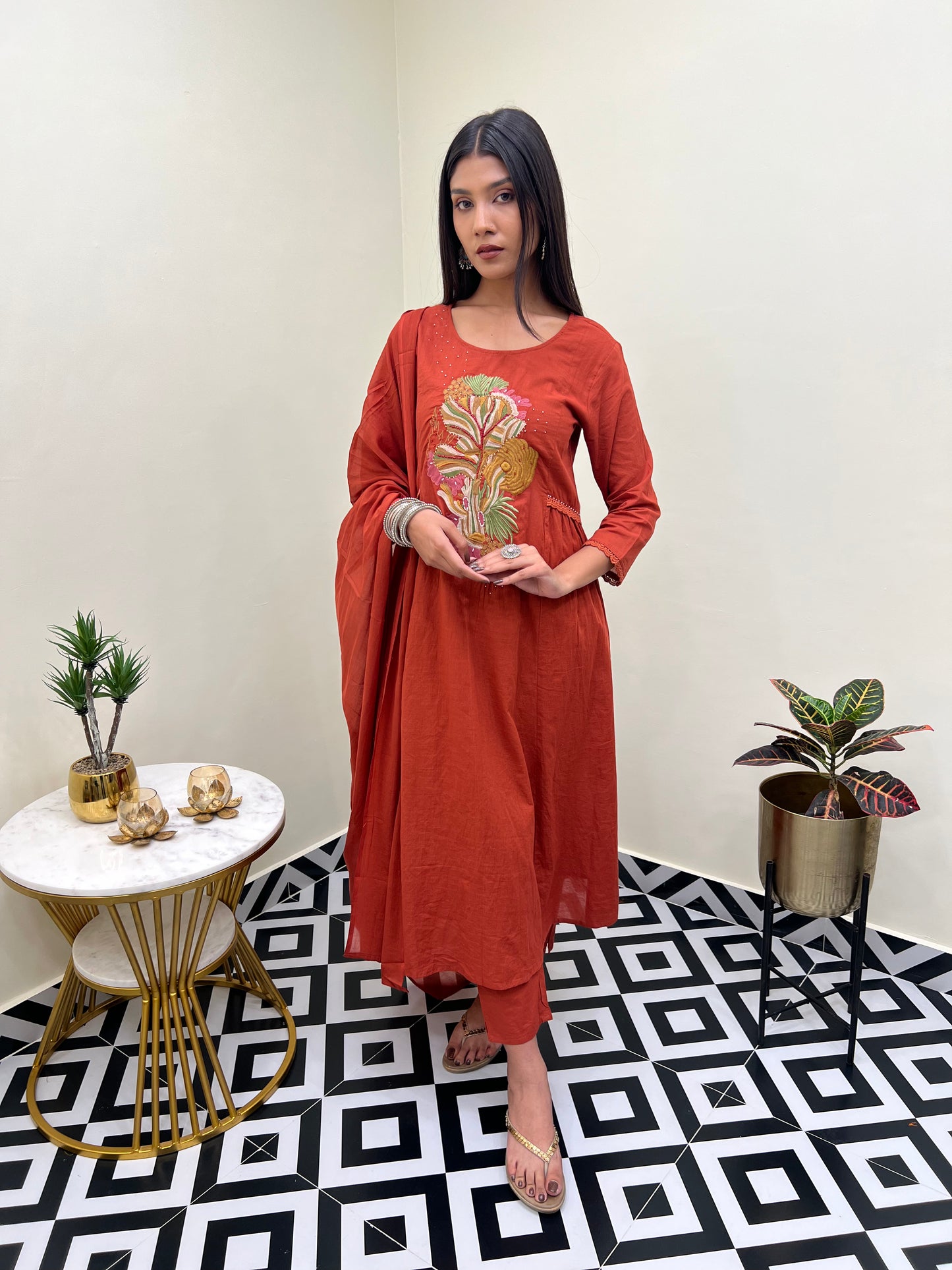 A Line Kurti with Pant and Dupatta- Rust